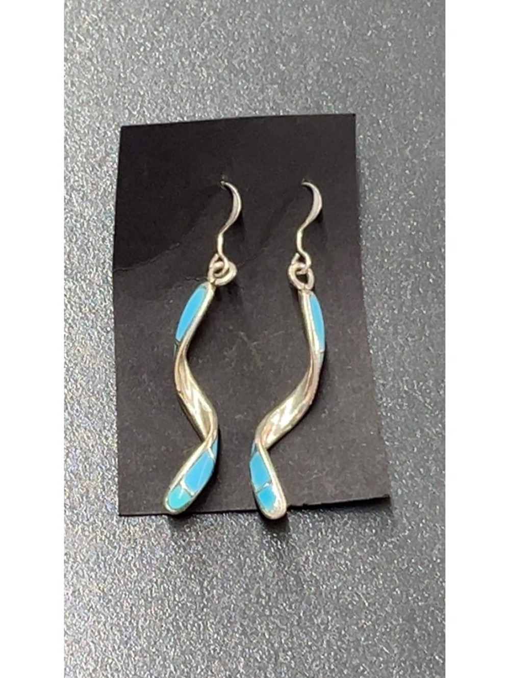 Native American Zuni handmade sterling silver inlay turquoise swirl earrings